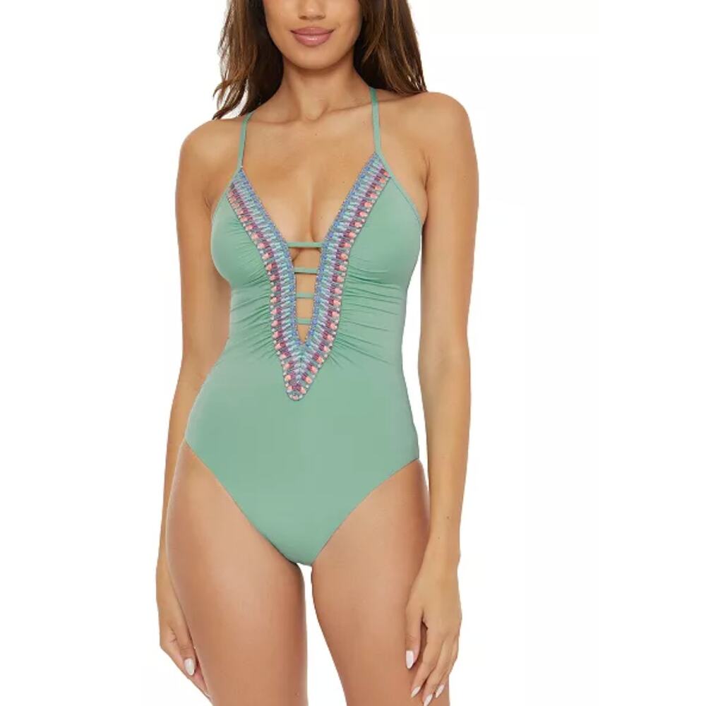 Becca Swim Fiesta Plunge Crochet Clare One-Piece Swimsuit Mineral Size Large NWT
